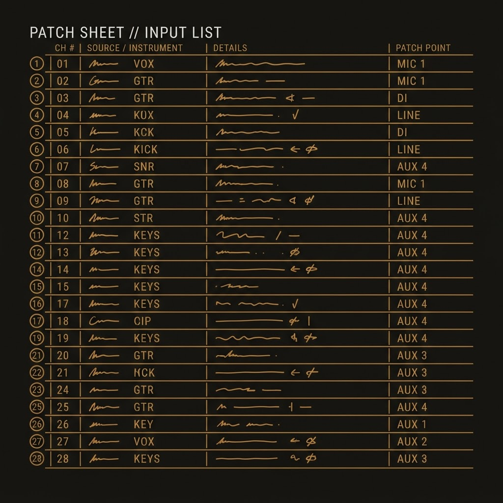 Blueprint-style numbered input list diagram